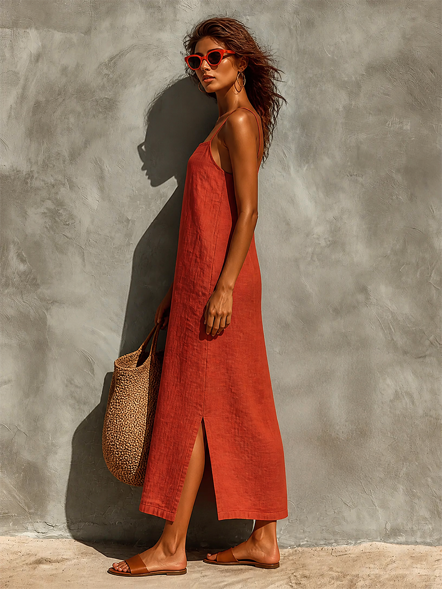 Women's Red Cotton Square Neck Boho Dress – ModClo
