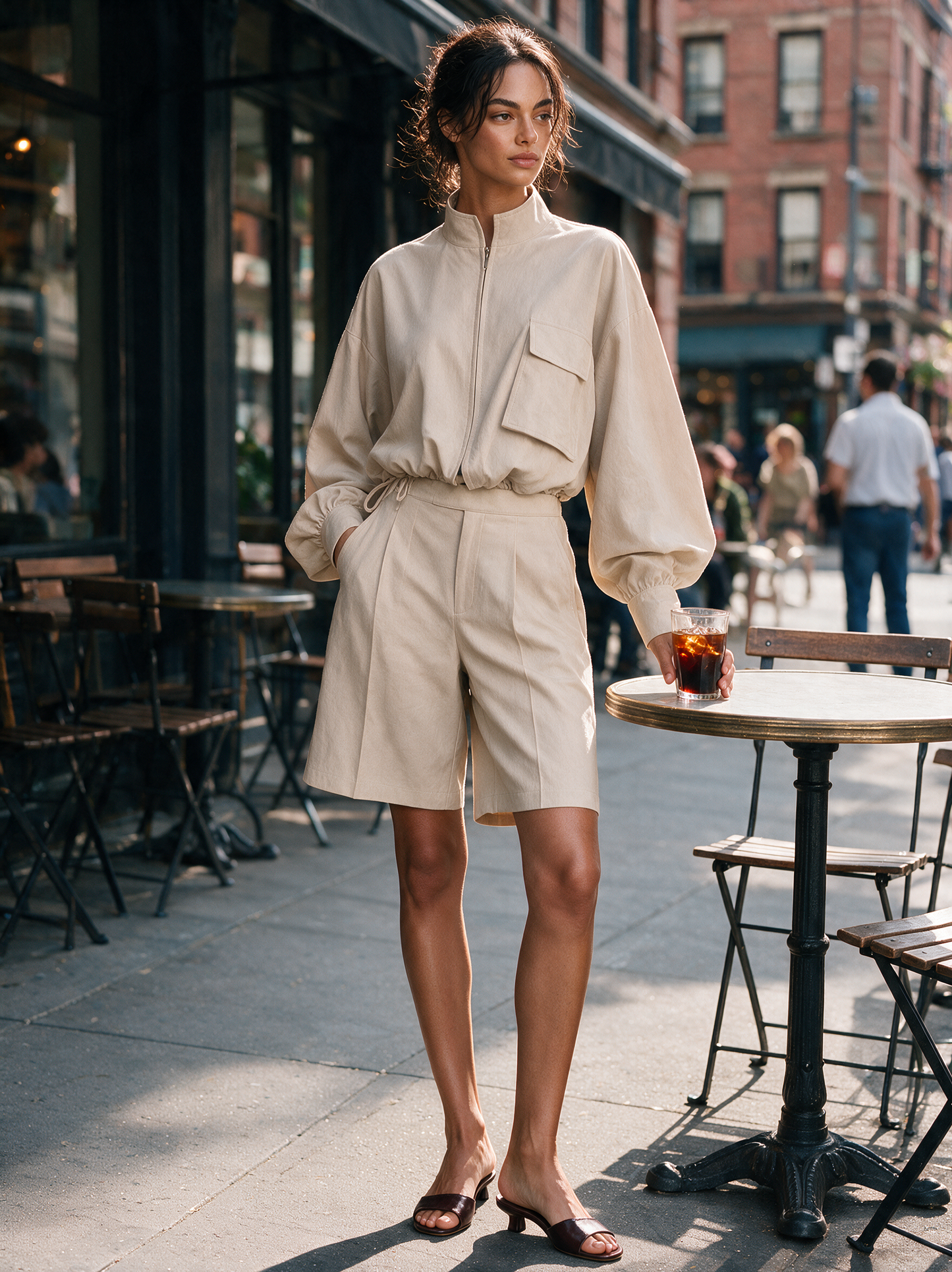 Women's Khaki Woven Long Sleeve Two-Piece Set – ModClo