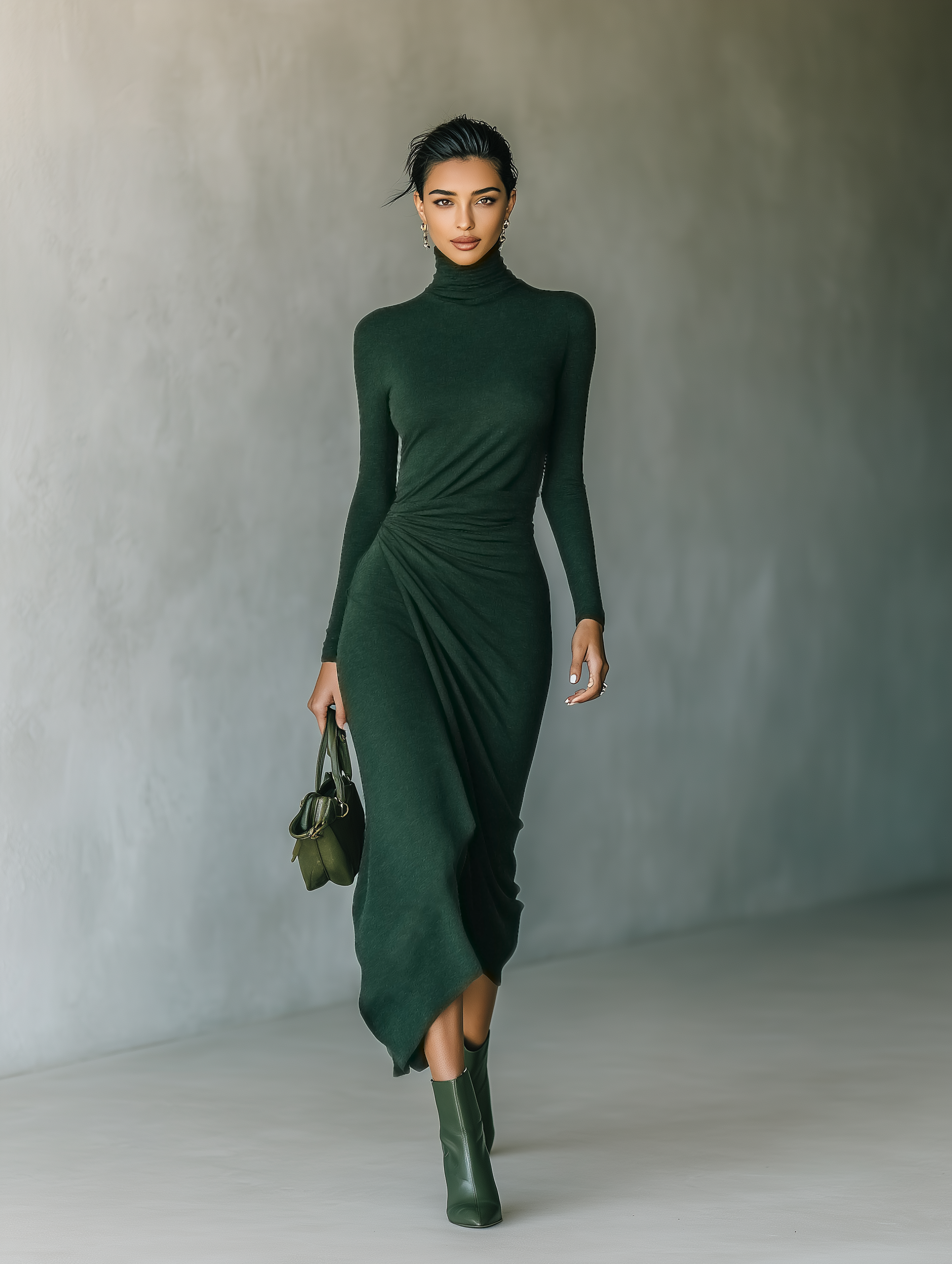 Women's Green Knit High Neck Wrap Midi Dress – ModClo