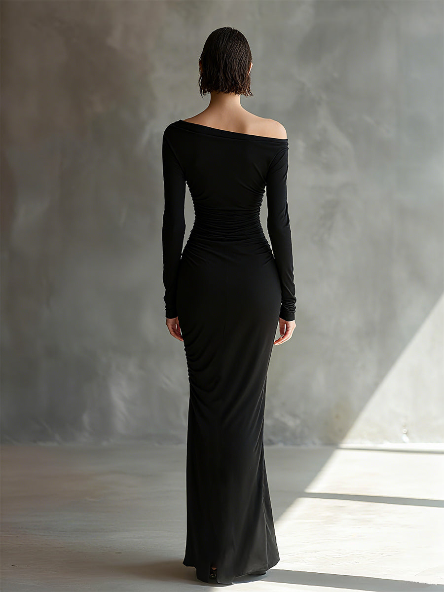 Women's Black Jersey Ruched Slit Maxi Dress – ModClo