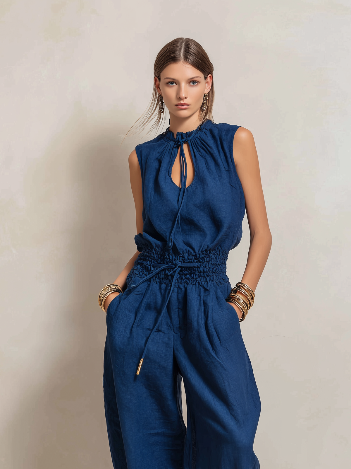 Women's Blue Linen Round Neck Sleeveless Jumpsuit – ModClo