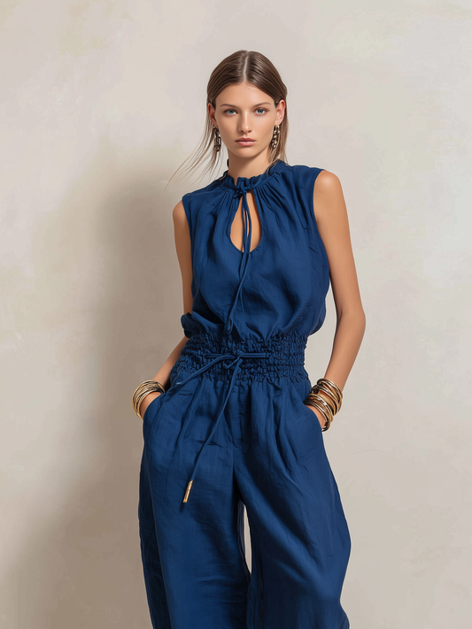 Women's Blue Linen Round Neck Sleeveless Jumpsuit – ModClo
