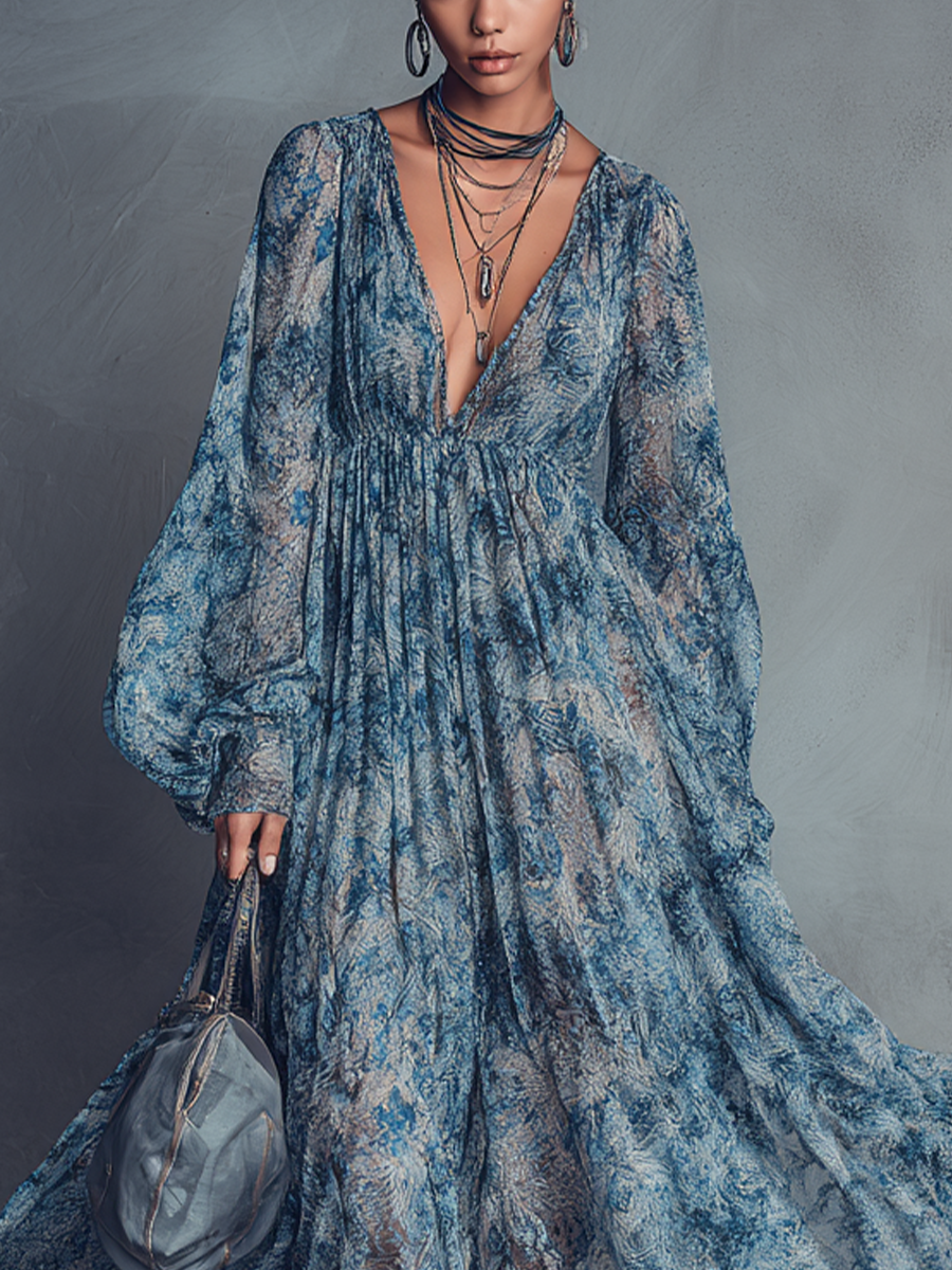 Women's Blue Chiffon Floral Print Maxi Dress – ModClo