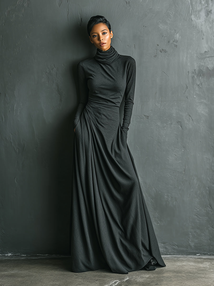 Women's Charcoal Cotton Turtleneck Maxi Dress – ModClo