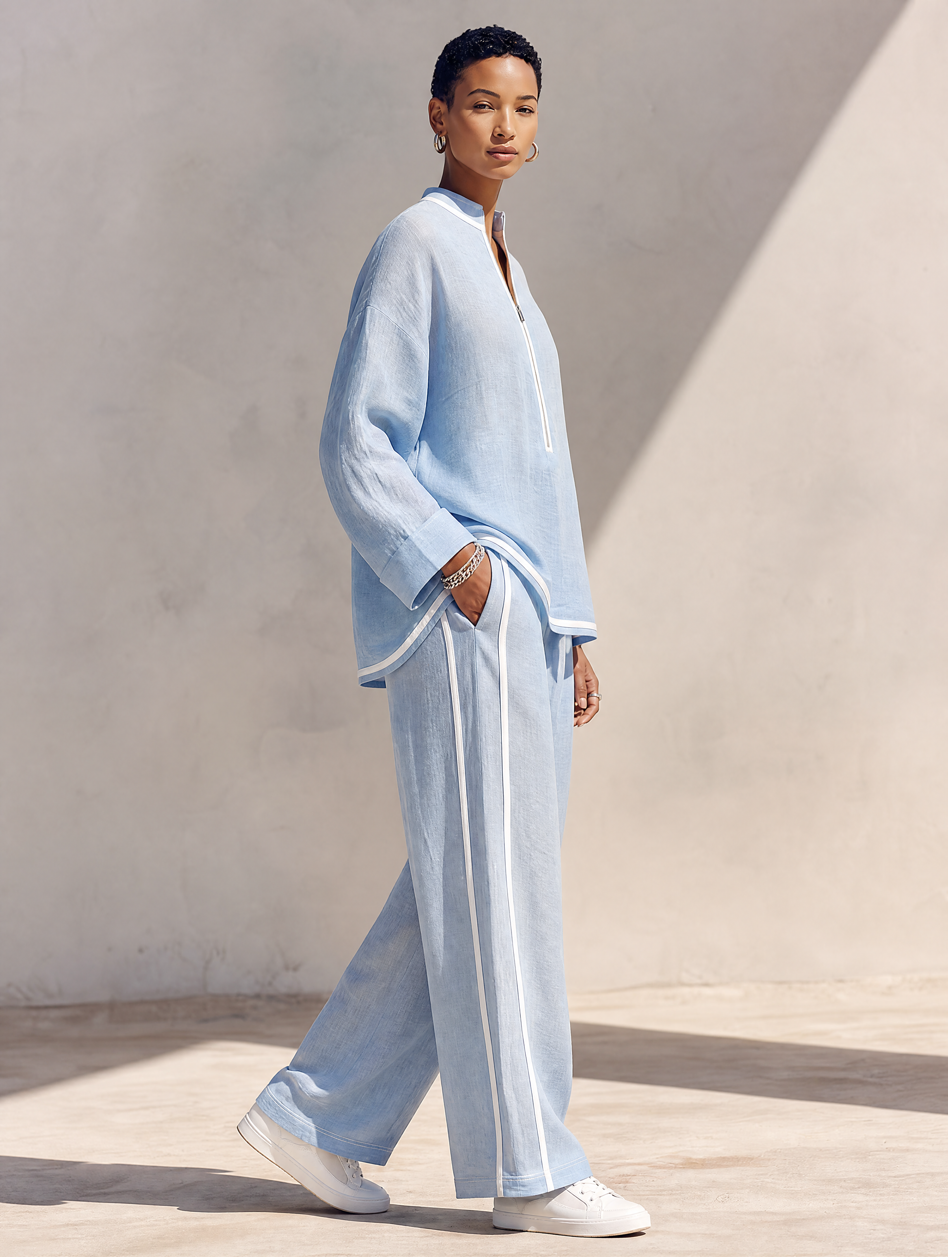 Women's Blue Linen Oversized Stand Collar Trouser Set – ModClo