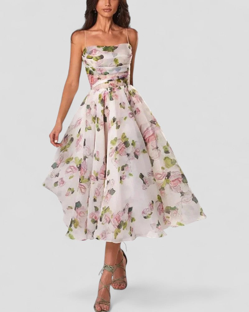 Romantic Floral Organza Midi Dress for Elegant Summer Looks