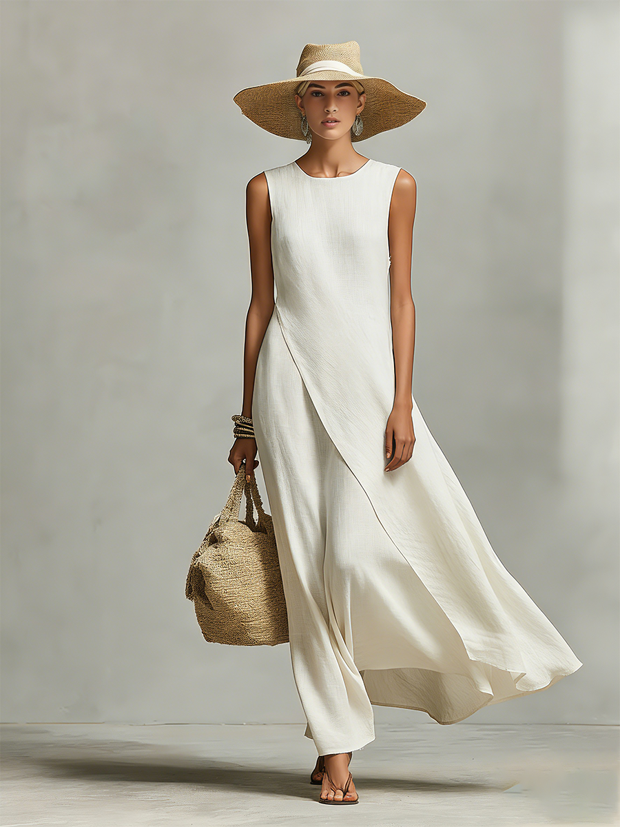 Women's Ivory Linen Sleeveless Asymmetric Dress – ModClo
