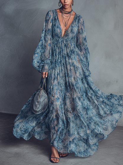 Women's Blue Chiffon Floral Print Maxi Dress – ModClo