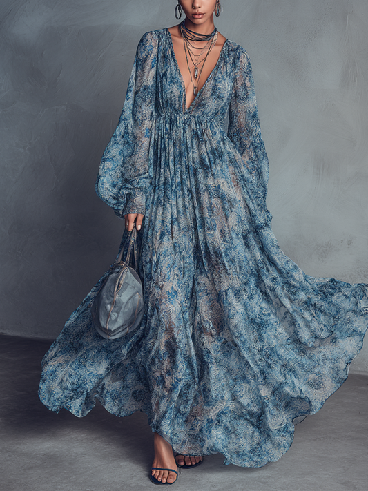 Women's Blue Chiffon Floral Print Maxi Dress – ModClo