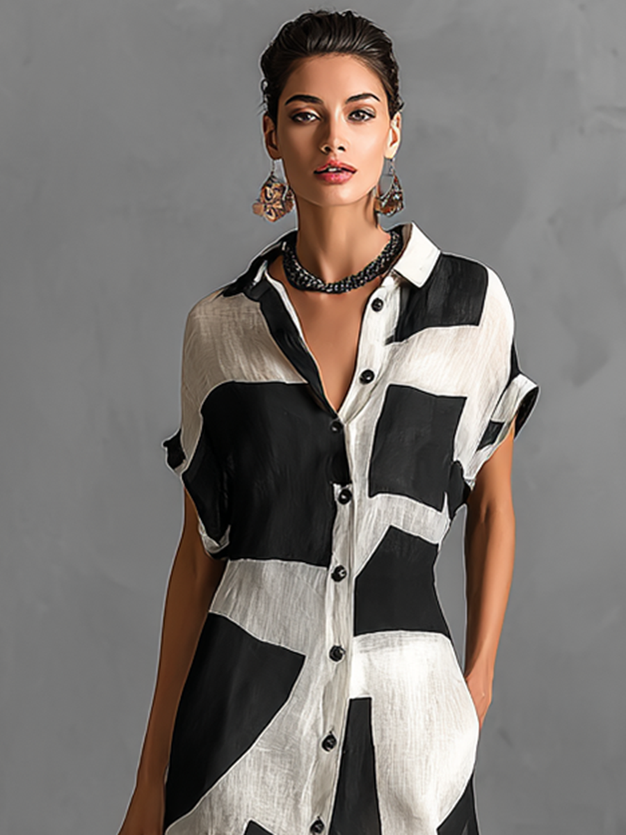 Women's Linen Lapel Print Shirt Dress – ModClo