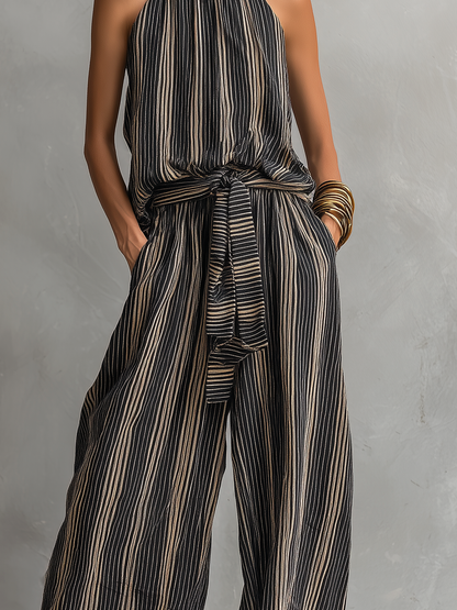 Women's Woven Round Neck Sleeveless Striped Set – ModClo