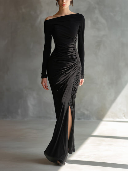 Women's Black Jersey Ruched Slit Maxi Dress – ModClo