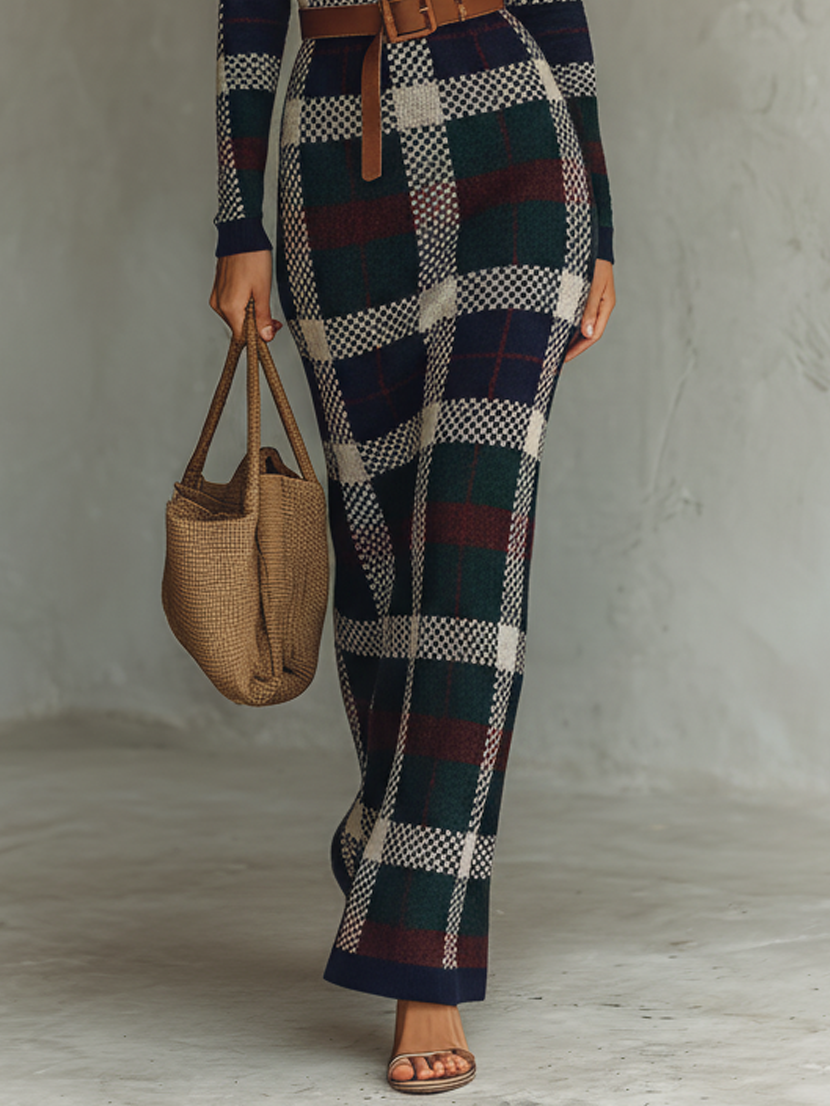 Women's Knit Square Neck Belted Check Maxi Dress – ModClo