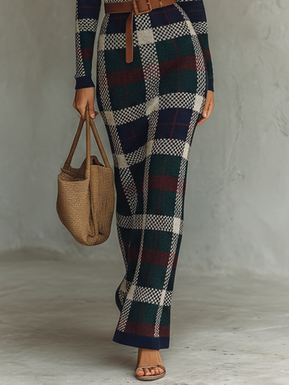 Women's Knit Square Neck Belted Check Maxi Dress – ModClo
