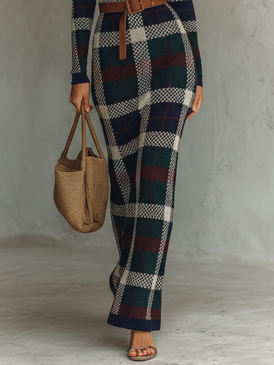 Women's Knit Square Neck Belted Check Maxi Dress – ModClo