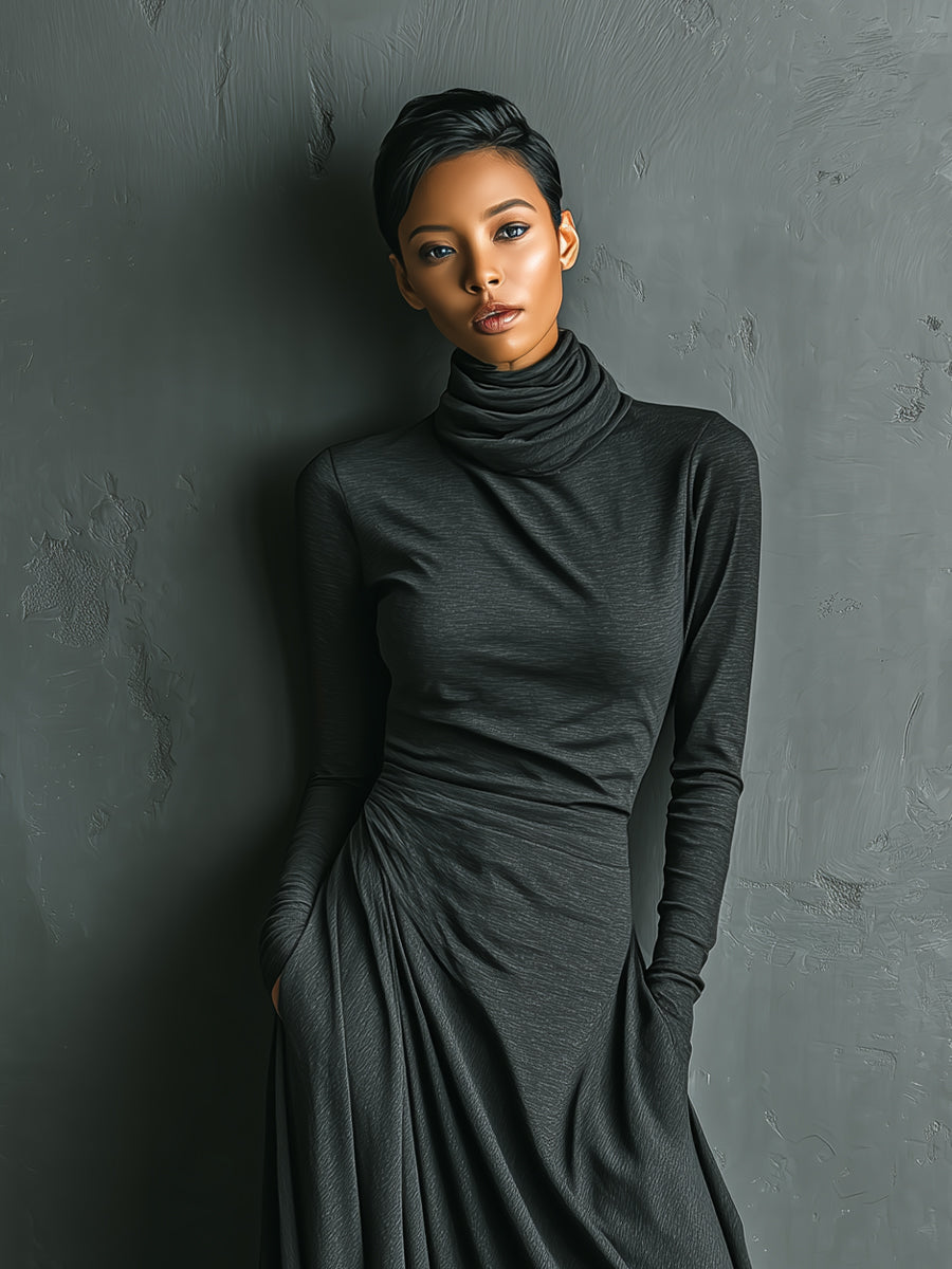 Women's Charcoal Cotton Turtleneck Maxi Dress – ModClo