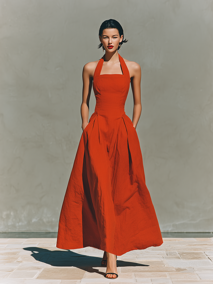 Women's Red Linen Halter Pleated Maxi Dress – ModClo