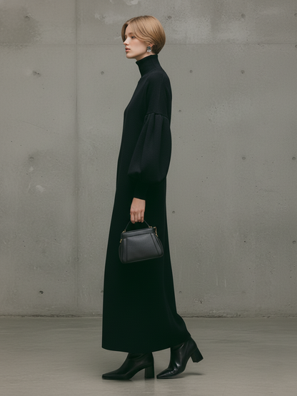 Women's Black Turtleneck Puff Sleeve Maxi Dress – ModClo
