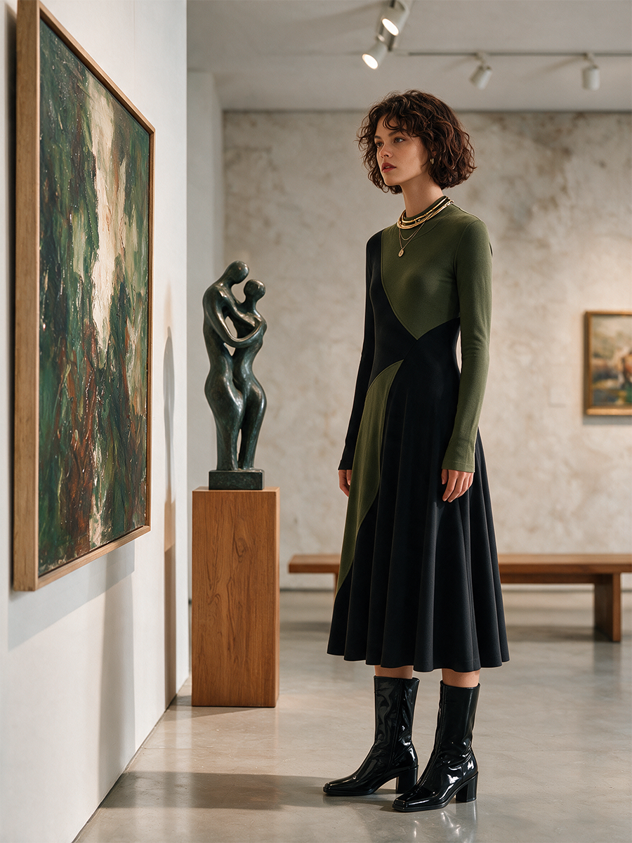 Women's Round Neck Long Sleeve Belted Midi Dress – ModClo