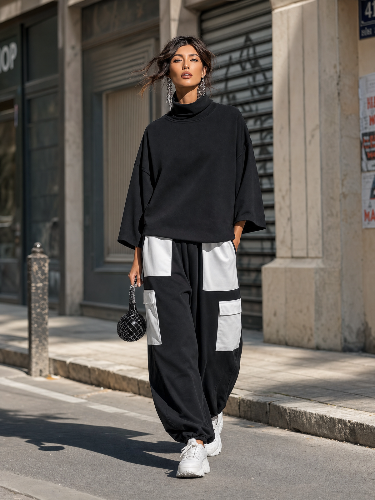 Women's Black Cotton High Neck Oversized Set – ModClo