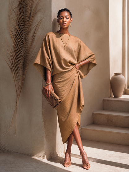 Women's Khaki Linen Short Sleeve Asymmetric Midi Dress – ModClo