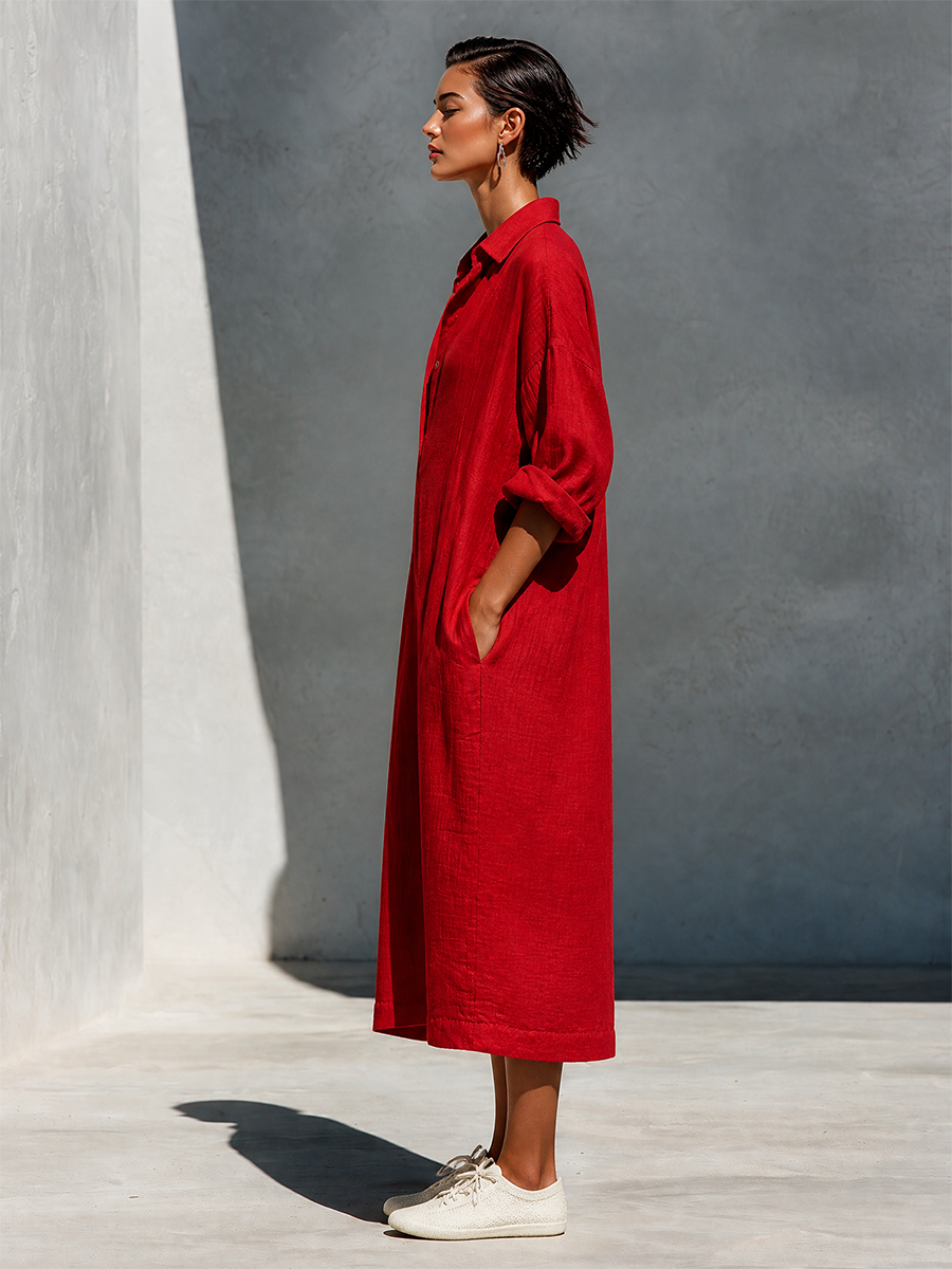 Women's Red Cotton Oversized Shirt Dress – ModClo