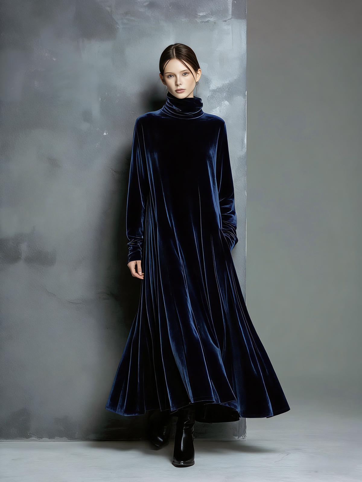 Women's Navy Velvet High Neck Maxi Dress – ModClo
