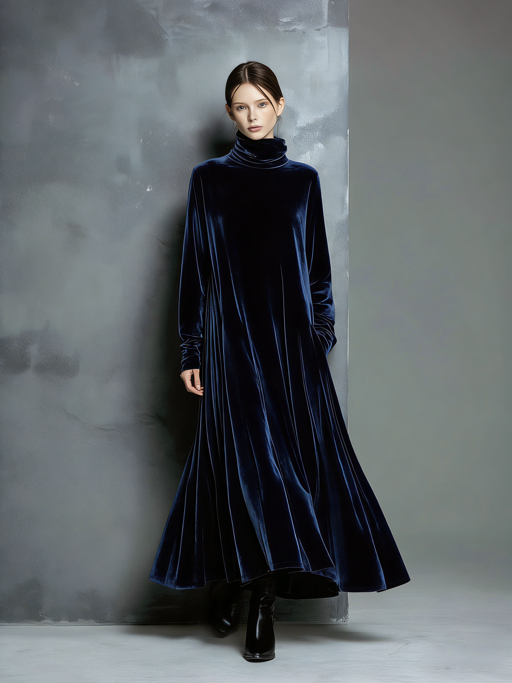 Women's Navy Velvet High Neck Maxi Dress – ModClo
