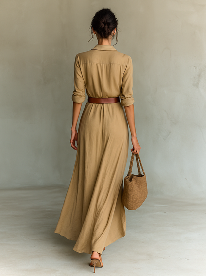 Women's Long Sleeve Belted Lapel Maxi Dress – ModClo