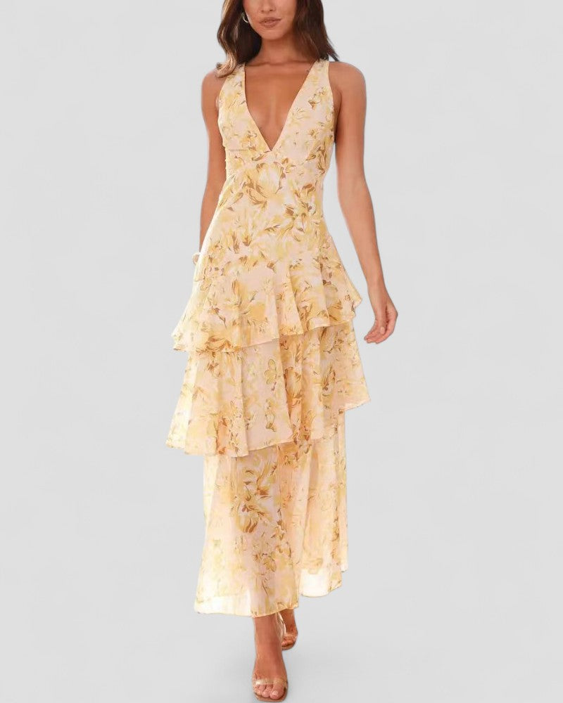 Floral Ruffle Maxi Dress with Open Back Summer Elegance