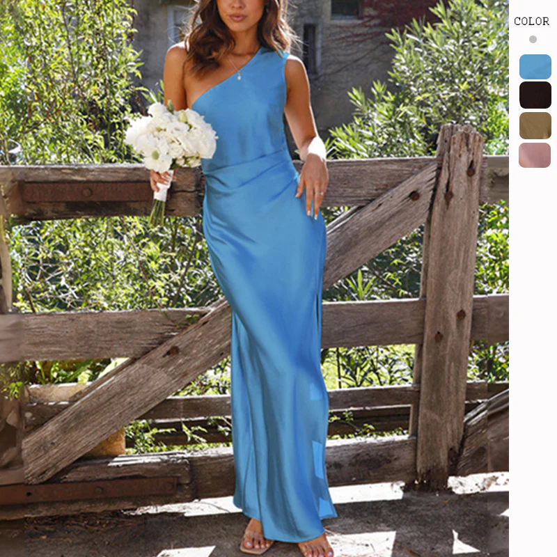 One Shoulder Satin Maxi Dress for Elegant Summer Evenings