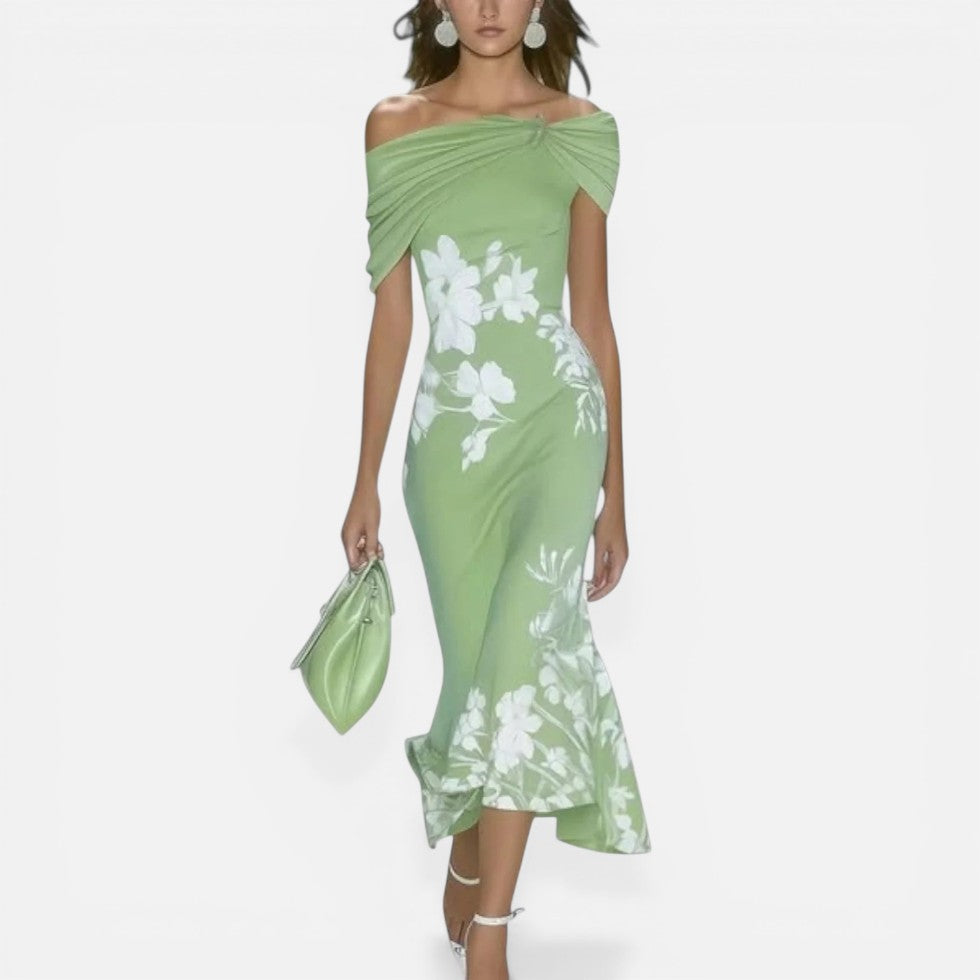 Off Shoulder Floral Midi Dress with Fitted Silhouette