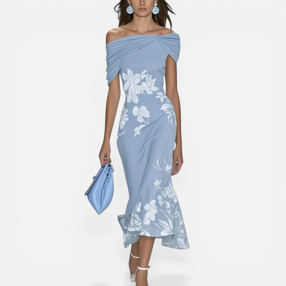Off Shoulder Floral Midi Dress with Fitted Silhouette