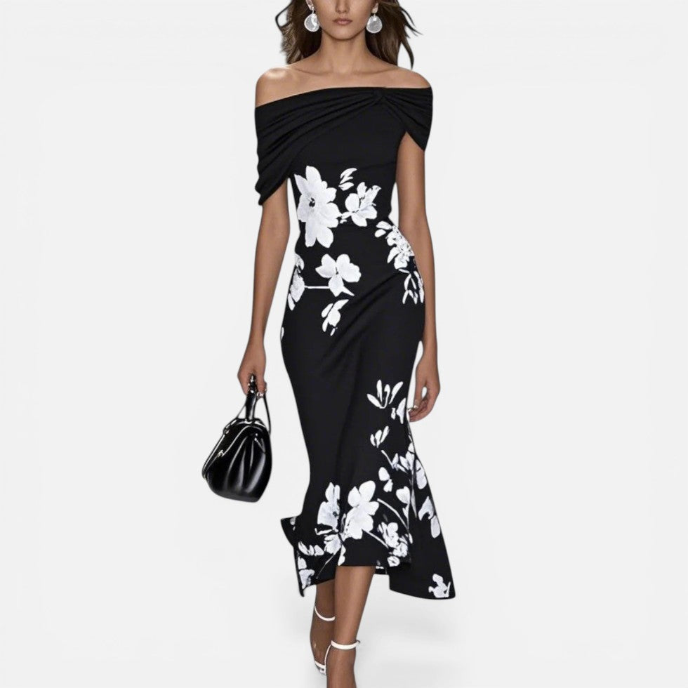 Off Shoulder Floral Midi Dress with Fitted Silhouette