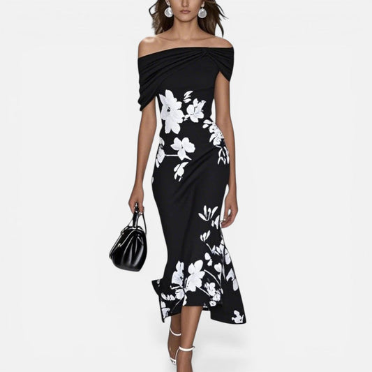 Off Shoulder Floral Midi Dress with Fitted Silhouette