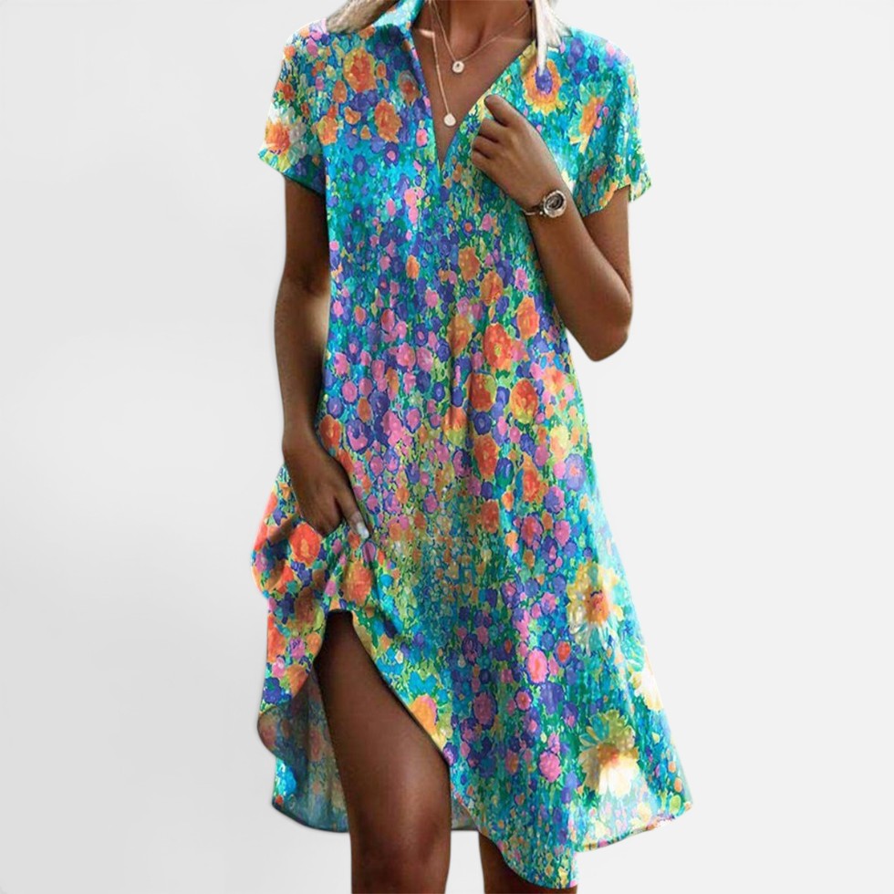 Midi Dress Floral Print Short-Sleeve V-Neck – ModClo, main view