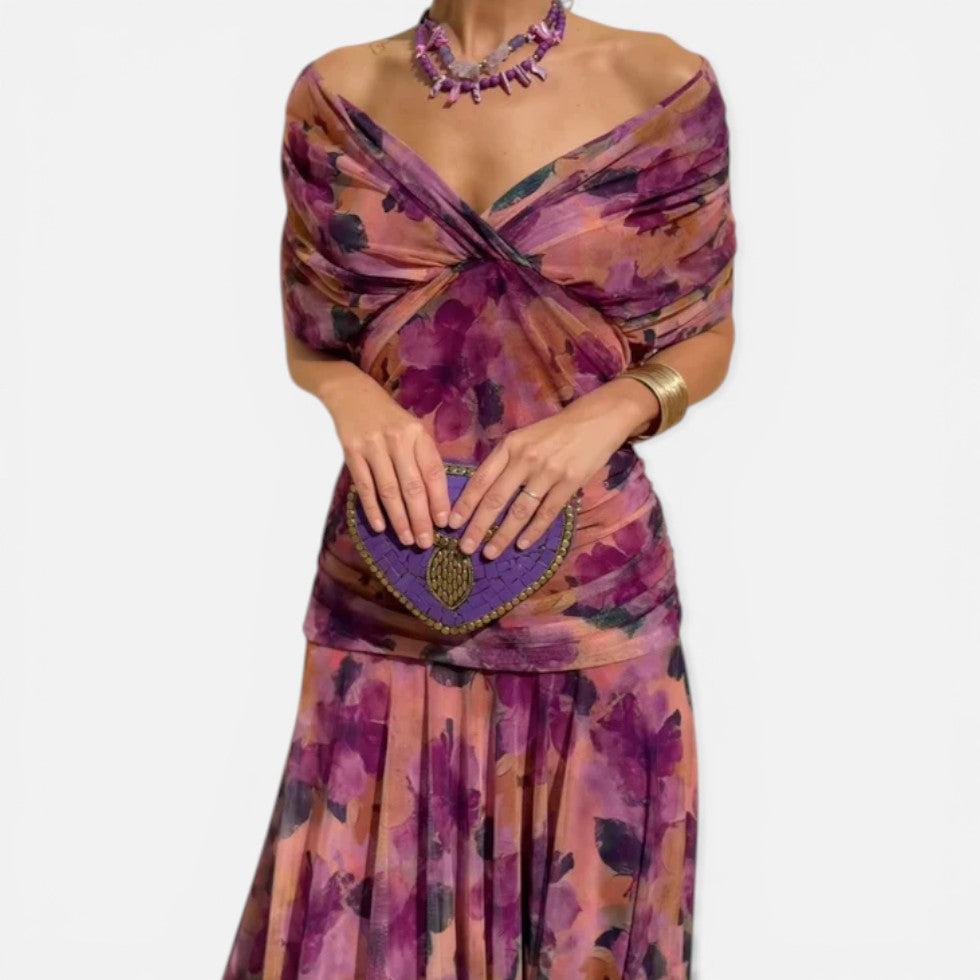 Off Shoulder Floral Midi Dress Ruched Waist – ModClo, view 2