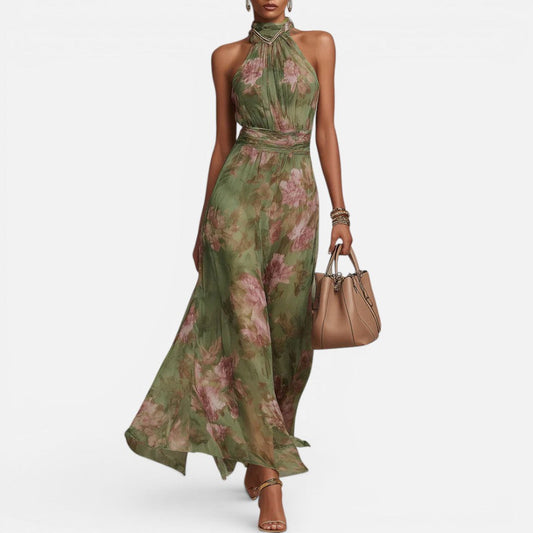 Floral Halter Neck Maxi Dress with Flowing Skirt – ModClo, main view