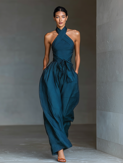 Women's Navy Linen Halter Jumpsuit – ModClo