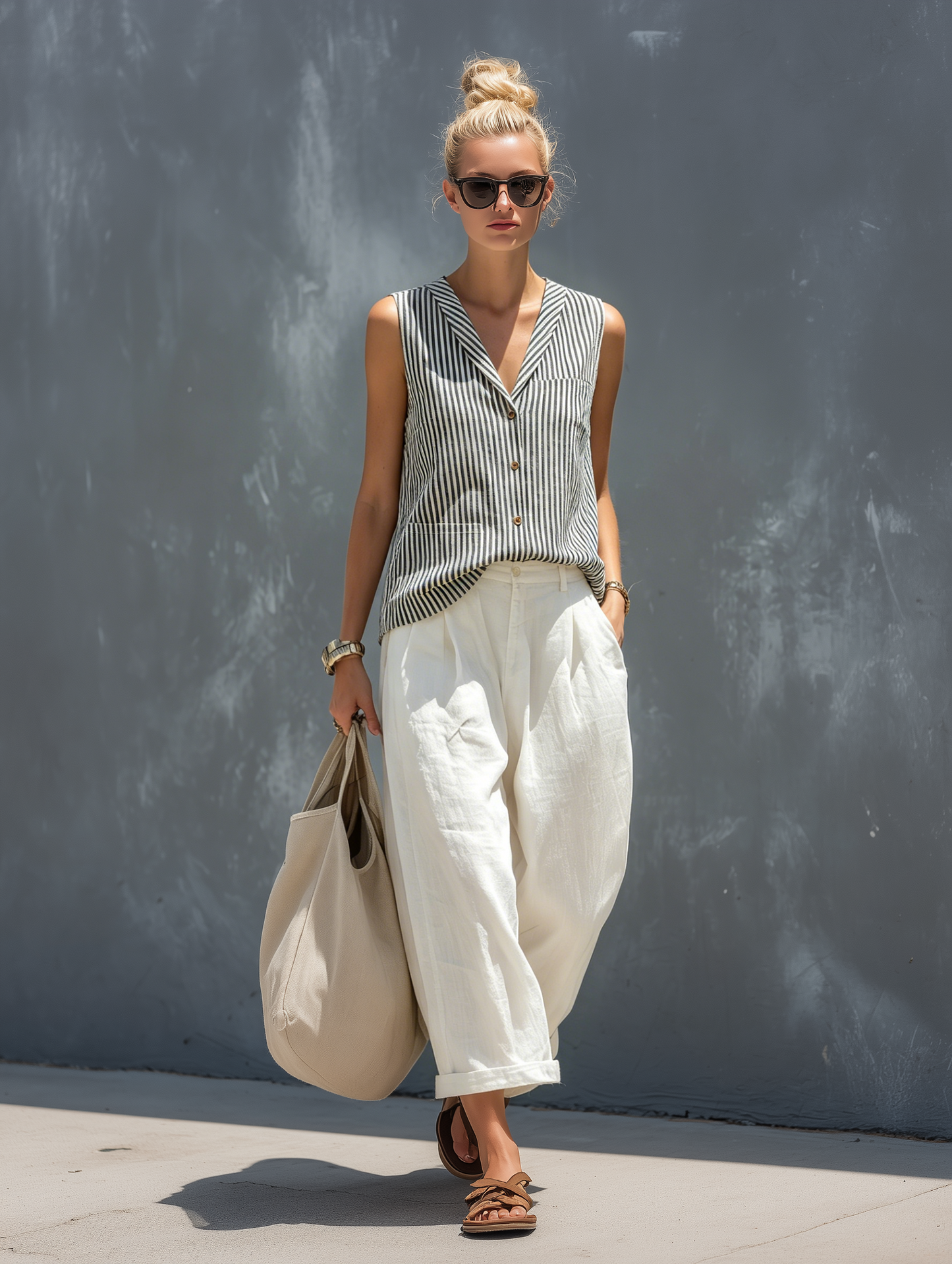 Women's White Linen Sleeveless Striped Set – ModClo