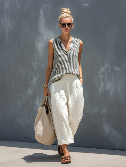 Women's White Linen Sleeveless Striped Set – ModClo
