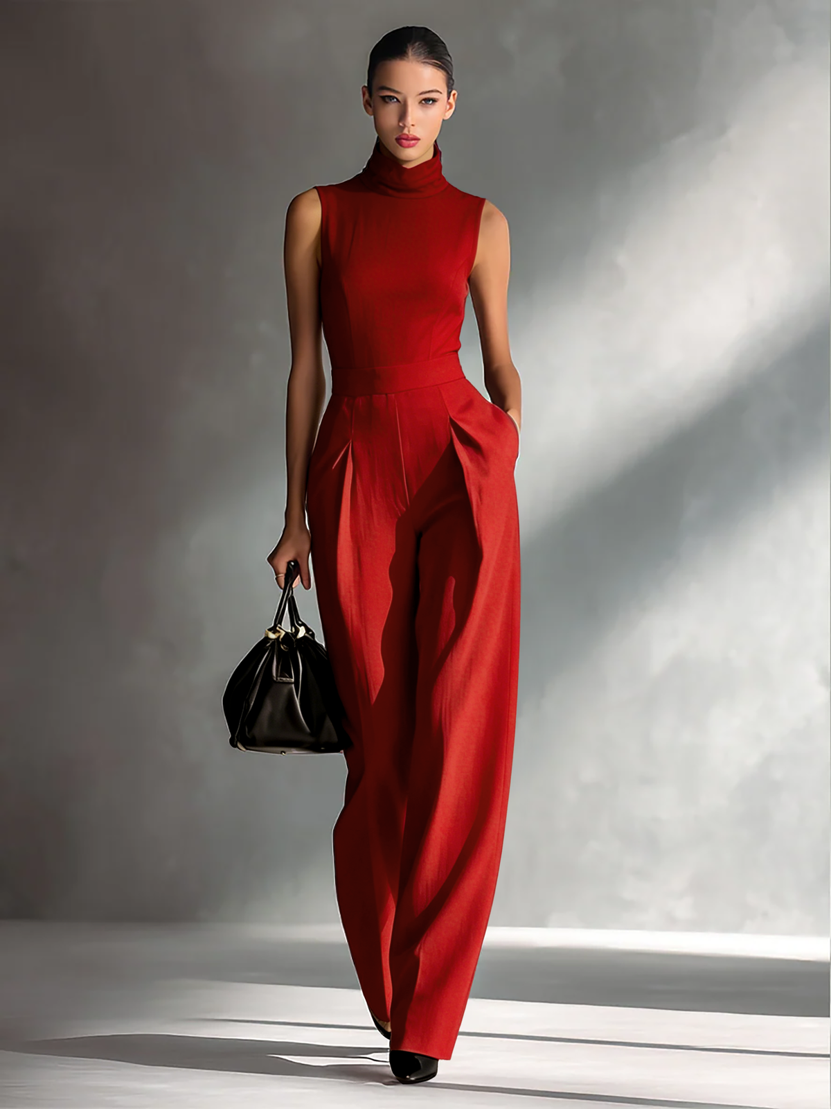 Women's Burgundy Linen Turtleneck Sleeveless Jumpsuit – ModClo