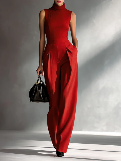 Women's Burgundy Linen Turtleneck Sleeveless Jumpsuit – ModClo