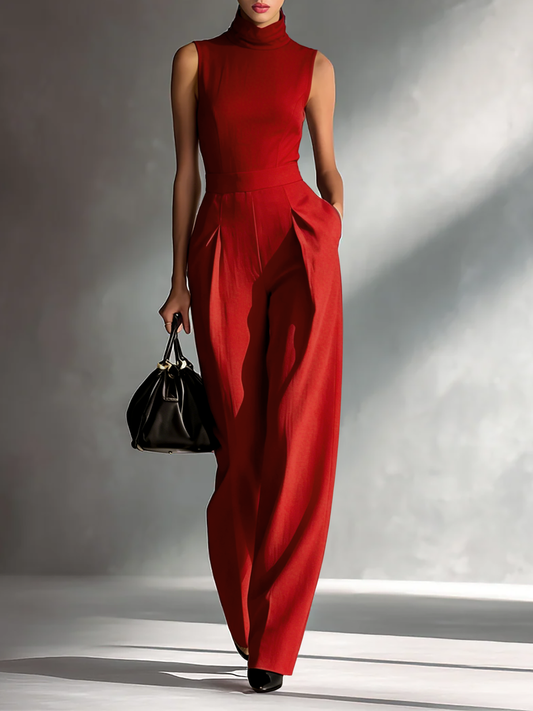 Women's Burgundy Linen Turtleneck Sleeveless Jumpsuit – ModClo