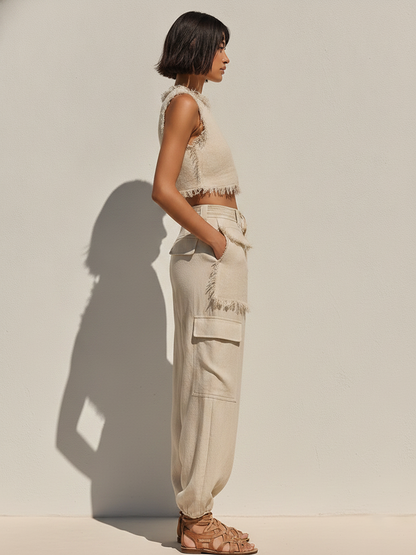 Women's Beige Linen Cargo Two-Piece Set – ModClo