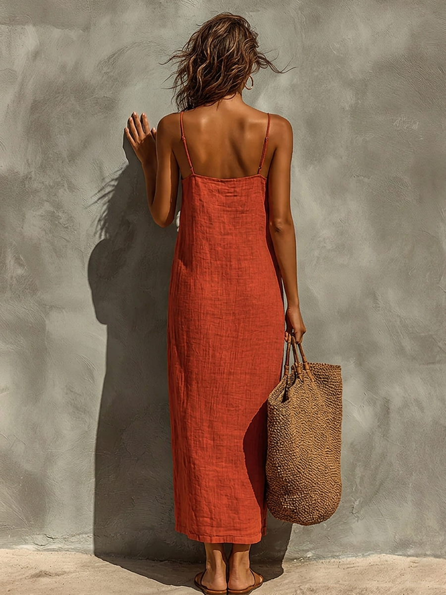 Women's Red Cotton Square Neck Boho Dress – ModClo
