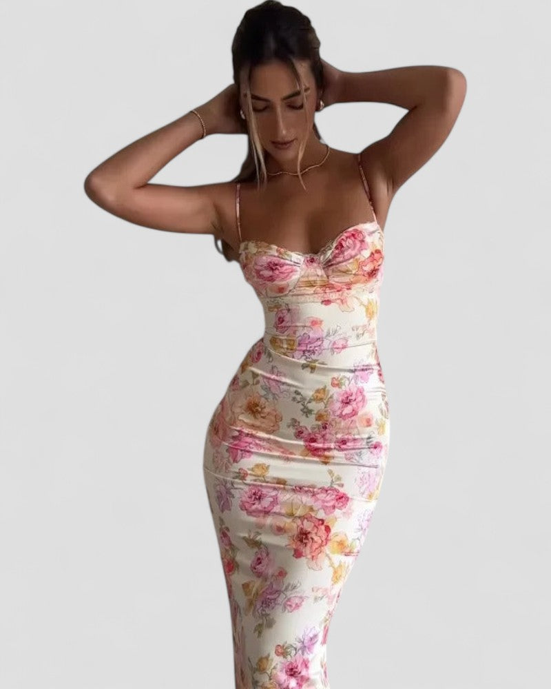 Floral Satin Bodycon Maxi Dress for Summer Events