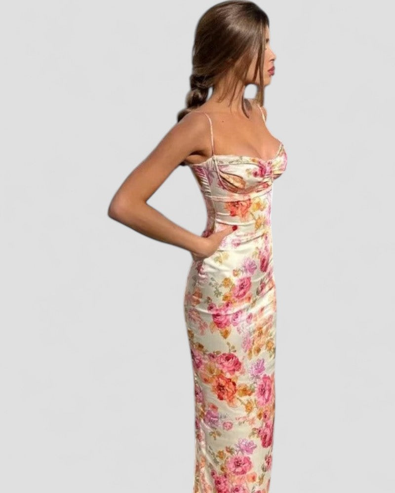 Floral Satin Bodycon Maxi Dress for Summer Events