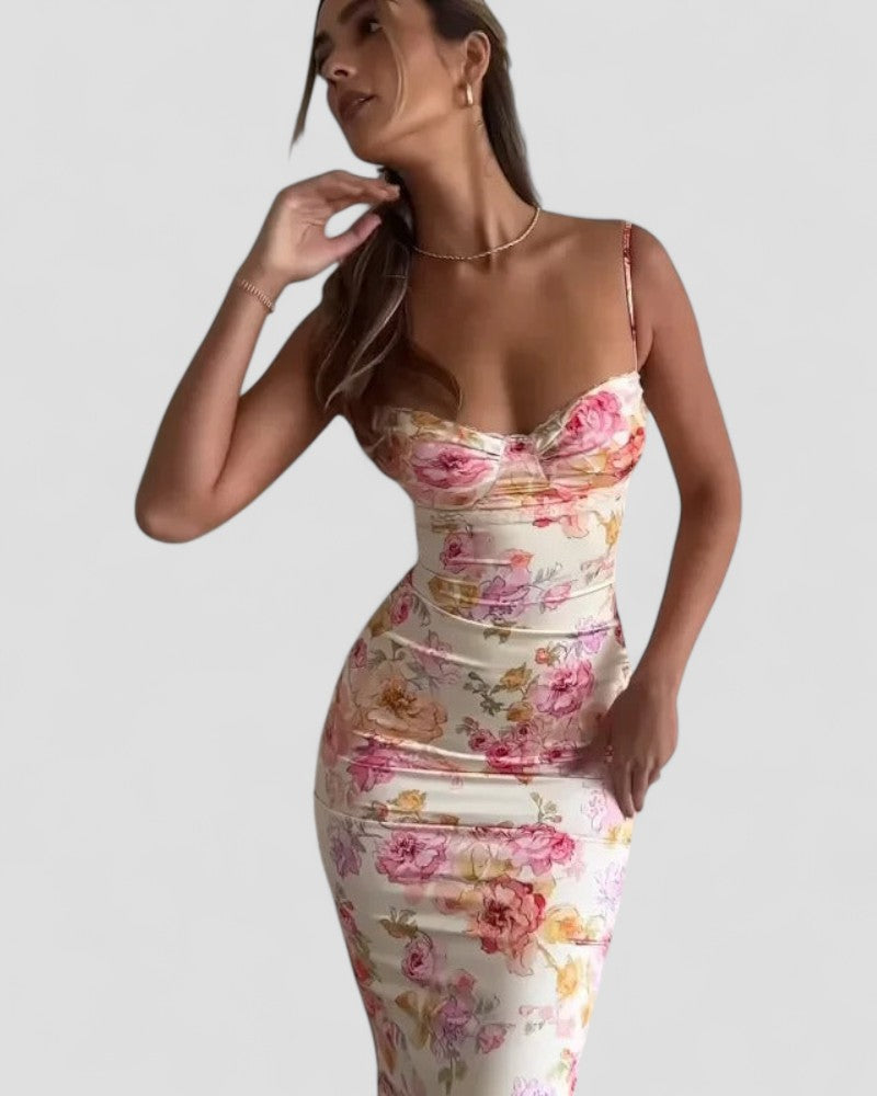 Floral Satin Bodycon Maxi Dress for Summer Events