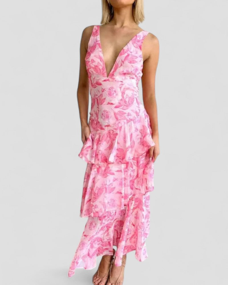 Floral Ruffle Maxi Dress with Open Back Summer Elegance